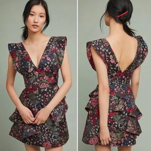 ML Monique Lhuillier Casetta Floral Dress 10 mini cocktail ruffle Anthropologie
